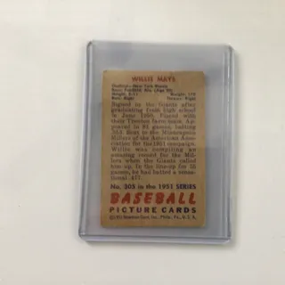 Photo of Willie Mays Rookie Baseball Card #305 as shown. Used. Very Good condition.