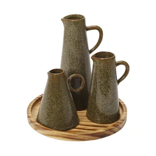 Photo of Set of 3 Stoneware PItchers & Pine Wood Tray from Creative Co-Op (DF6574) New