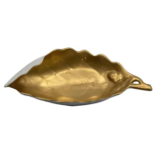 Photo of Vintage MCM 1960s Leaf Shaped Dish/Trinket Tray Gold Tone on White Porcelain