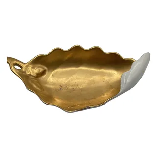 Photo of Vintage MCM 1960s Leaf Shaped Dish/Trinket Tray Gold Tone on White Porcelain