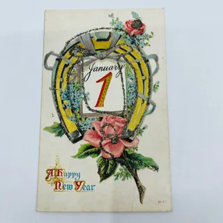 Photo of 1910s Christmas New Year’s Post Card Embossed Horseshoe Mica Dresden Gilt PA3