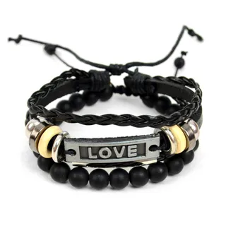 Photo of Parquet Genuine Leather & Natural Stone "Love" Two Pieces Bracelet Set for Men - 