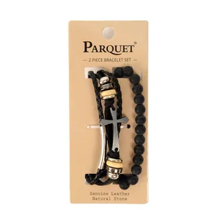 Photo of Parquet Genuine Leather & Natural Stone "Cross" Two Pieces Bracelet Set for Men -