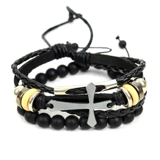 Photo of Parquet Genuine Leather & Natural Stone "Cross" Two Pieces Bracelet Set for Men -