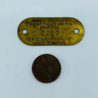 Photo of 1960s Rabies Vaccinated Brass Metal Dog Tag Great Falls Animal Hospital SB3