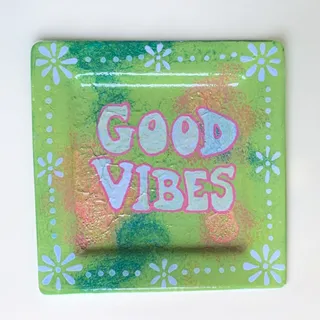 Photo of Unique Hand Painted Ceramic "Good Vibes" Trinket Dish 4" Square Green/Orange