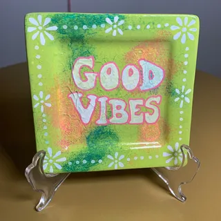 Photo of Unique Hand Painted Ceramic "Good Vibes" Trinket Dish 4" Square Green/Orange