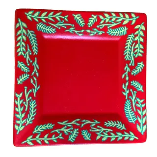 Photo of Unique Hand Painted Ceramic Trinket Dish 7-1/4" Square Red/Green Holiday Pattern