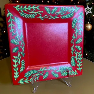 Photo of Unique Hand Painted Ceramic Trinket Dish 7-1/4" Square Red/Green Holiday Pattern