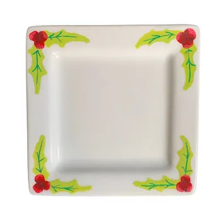 Photo of Hand Painted Ceramic Trinket Dish 4" Square Red/Green Christmas Holly Poinsettia