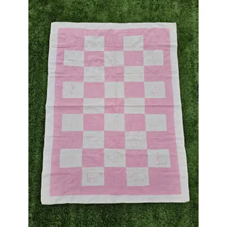 Photo of Vtg 1960s Handmade Baby Blanket Quilt Pink White Checkered Needlepoint Animals