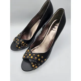 Photo of LEI Stash Womens Sz 11 Peep Toe Career Heels Black Gold Studded