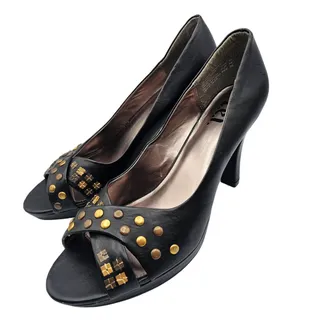 Photo of LEI Stash Womens Sz 11 Peep Toe Career Heels Black Gold Studded