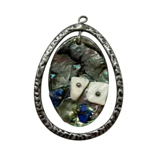 Photo of Reversible Pendant Mother of Pearl Silvertone Hammered 1.5"