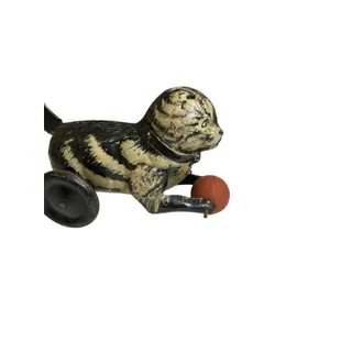 Photo of 1930s Marx Tin Toy Friction Lever Cat with Wooden Ball 8" Length