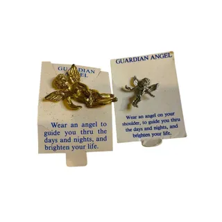 Photo of Set of 2 Vintage Guardian Angel Shoulder Pins Goldtone Silvertone on Cards