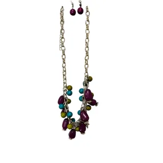 Photo of Paparazzi New Silvertone Necklace and Earring Set Purple Teal Chunky 28"