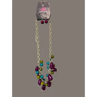 Photo of Paparazzi New Silvertone Necklace and Earring Set Purple Teal Chunky 28"