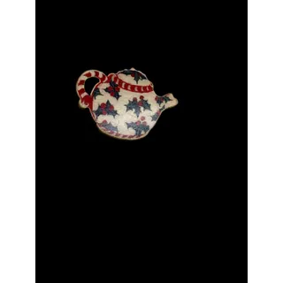 Photo of Wooden Teapot Pin Brooch Holiday Holly Christmas 1.75"