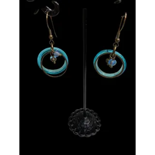Photo of Artsy Copper Color Pierced Earrings Fishhook Teal 1.75" Drop