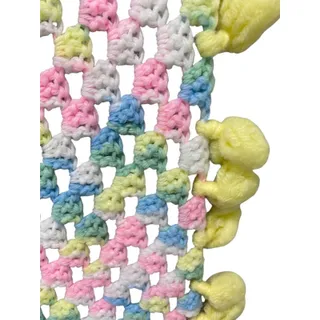 Photo of Vintage Crochet Baby Blanket Pastels 44" Square Yellow Pom Pom Trim