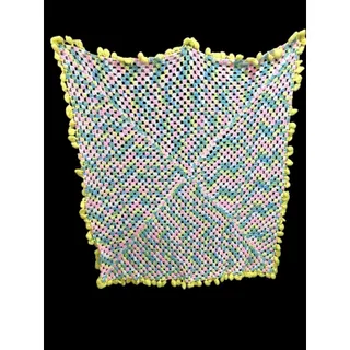 Photo of Vintage Crochet Baby Blanket Pastels 44" Square Yellow Pom Pom Trim