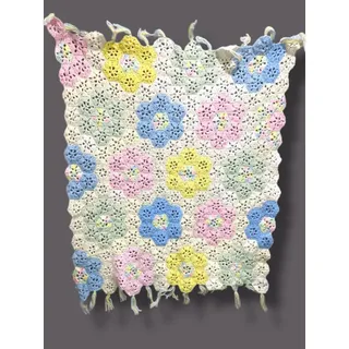 Photo of Vintage Crochet Baby Blanket Pastels Floral 40" Square Handmade