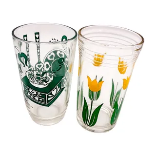 Photo of Vintage Kraft Swanky Swigs Set of 2 Glasses Yellow Tulips/Green Coffee Grinder