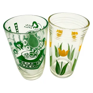 Photo of Vintage Kraft Swanky Swigs Set of 2 Glasses Yellow Tulips/Green Coffee Grinder