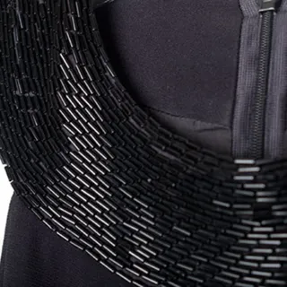 Photo of Cerruti 1881 Egyptian Collar Evening Dress.  Vintage Designer; elegant black evening dress.  CERRUTI 1881 Original, made in Germany.  Silk/acetate/rayon with hand-stitched glass beaded Egyptian collar over halter shoulders.  European size 34/ US 4 (small