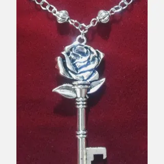 Photo of Artisan Silver Rose Skeleton Key Necklace Pendant-Victorian Revival 24"Long
