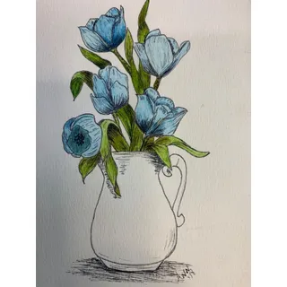 Photo of 1978 Framed Blue Tulip Pen and Ink Sketch Art 10.5" x 8.5"