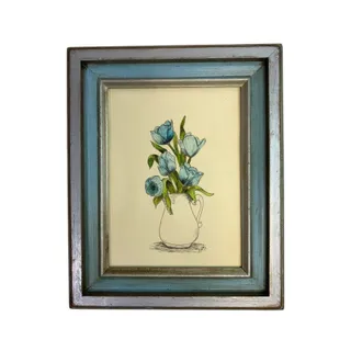 Photo of 1978 Framed Blue Tulip Pen and Ink Sketch Art 10.5" x 8.5"