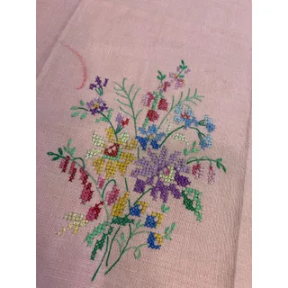 Photo of Vintage Pink Linen Cross Stitch Napkin Floral Stain 14" x 19"