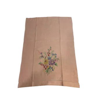 Photo of Vintage Pink Linen Cross Stitch Napkin Floral Stain 14" x 19"