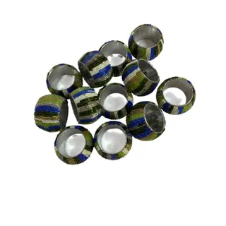 Photo of Set of 12 Beaded Napkin Rings Silvertone White Blue Green Stripes