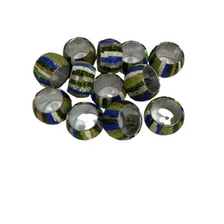 Photo of Set of 12 Beaded Napkin Rings Silvertone White Blue Green Stripes