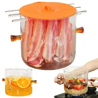 Photo of Glass Microwave Bacon Cooker Tray with Cover for Oven, 2 in-1 Cooking Pot for Stove, Grease Easy Clean